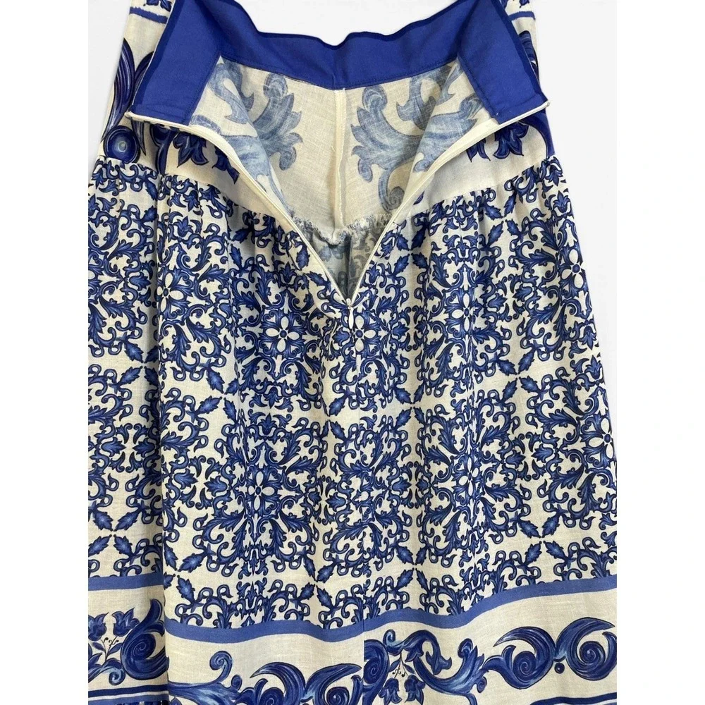 BSB Collection Blue White Majolica Print Tiered Ruffle Maxi Skirt Womens 42 US 6
